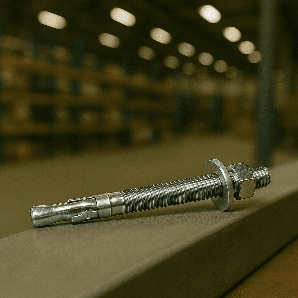 Parabolt metálico sobre superfície de concreto em ambiente industrial, pronto para instalação estrutural