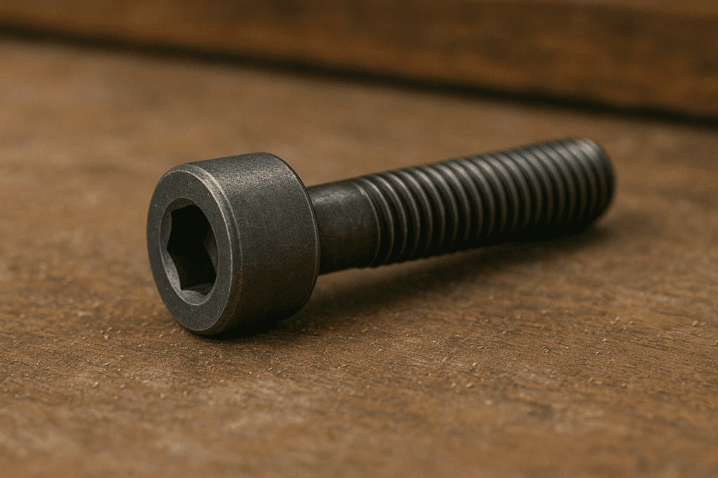 Parafuso Allen DIN 912 de aço apoiado sobre uma superfície de madeira envelhecida