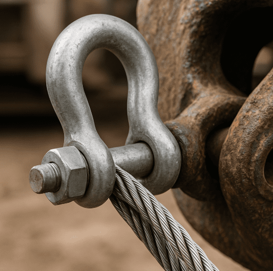 Manilha tipo âncora conectando cabo de aço a estrutura metálica enferrujada.