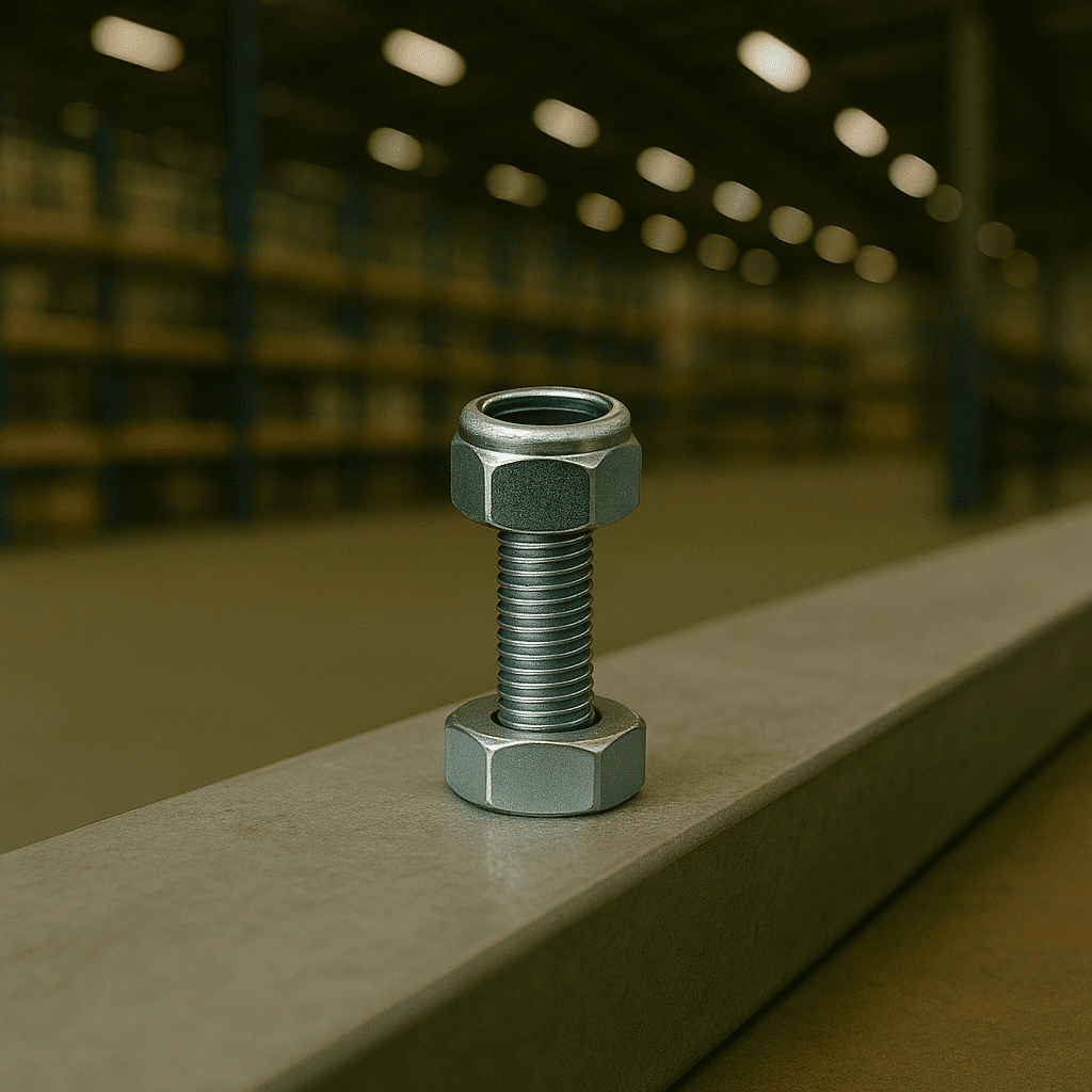 Porca travante com inserto de nylon fixada em parafuso sobre barra metálica em ambiente industrial.