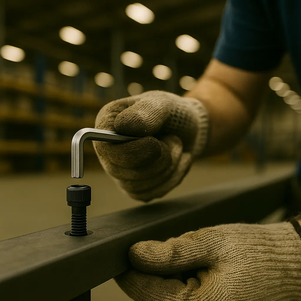 Mãos de trabalhador com luvas apertando parafuso Allen preto em viga metálica com chave sextavada, em ambiente industrial.