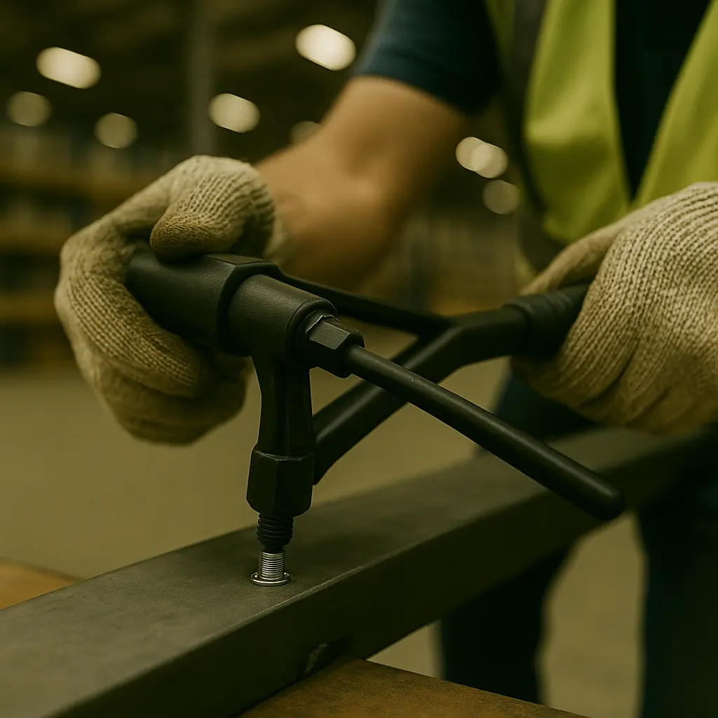 Mãos com luvas apertando um rebite roscado em uma chapa de aço usando ferramenta apropriada, em fábrica com fundo desfocado.