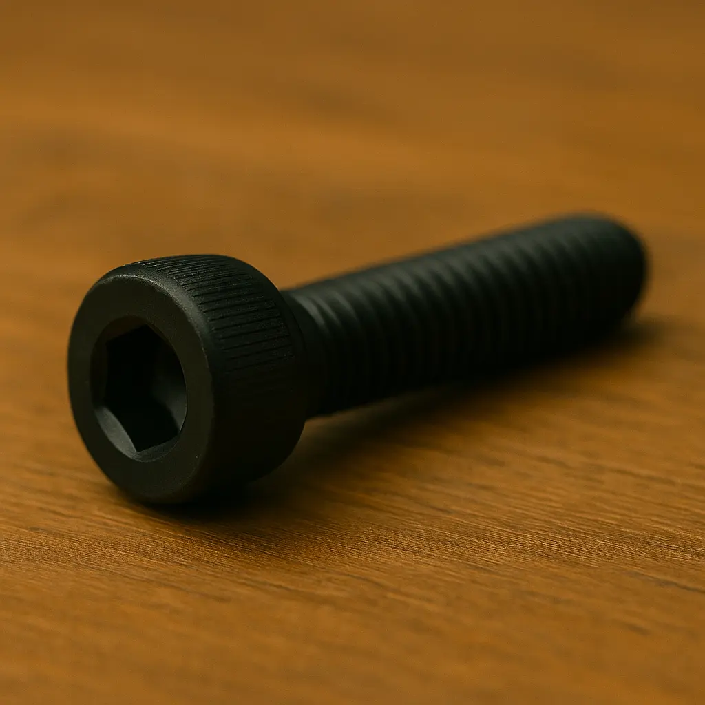 Parafuso cabeça Allen preto apoiado sobre mesa de madeira, com rosca e furo hexagonal em destaque.