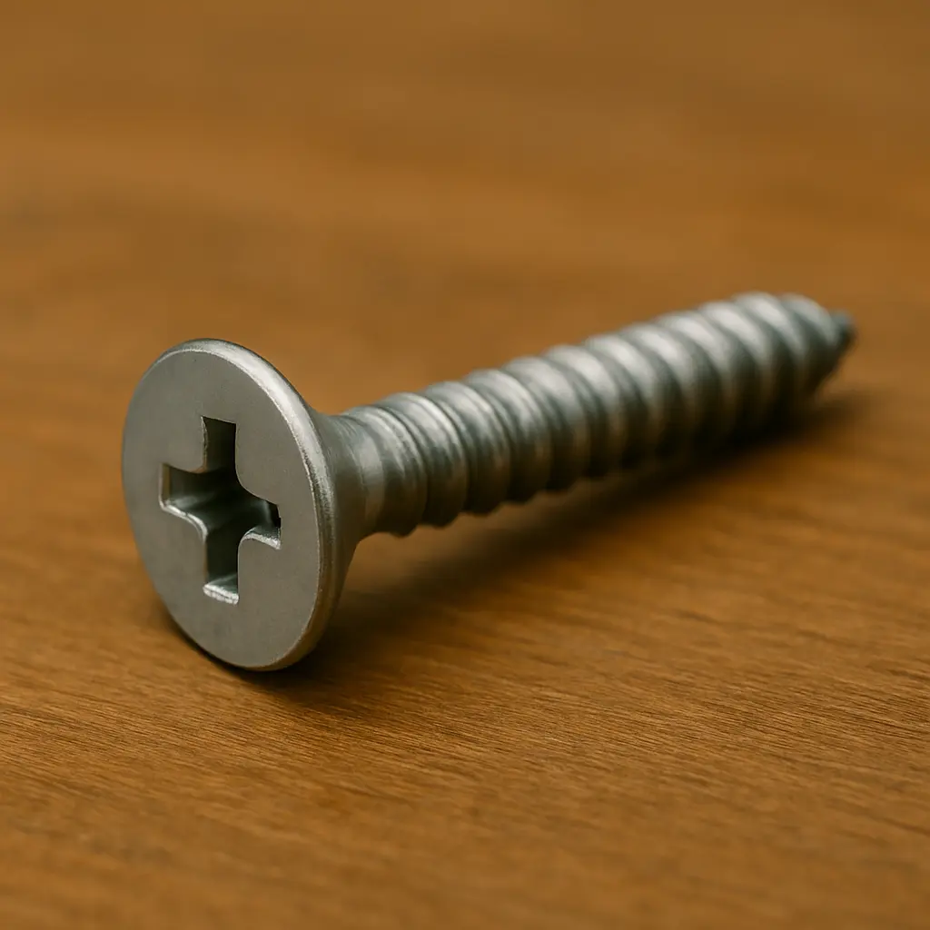 Parafuso cabeça chata de aço inox sobre mesa de madeira, com furo Phillips em destaque e fundo desfocado.