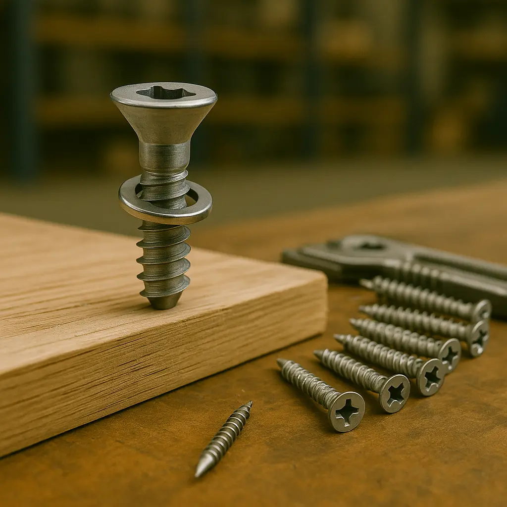 Parafuso em madeira com arruela de pressão sob a cabeça e parafusos alinhados em bancada metálica com fundo industrial.