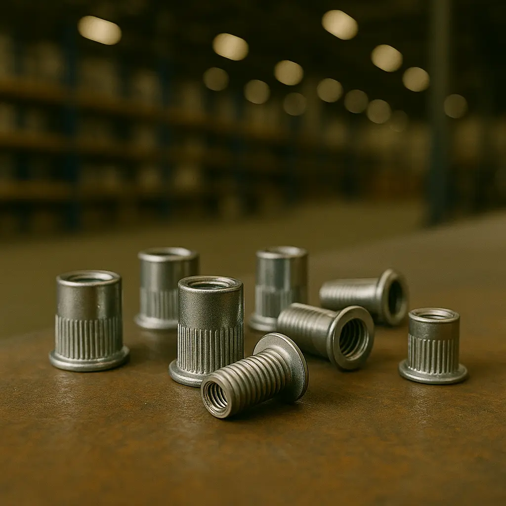 Vários rebites roscados de metal organizados sobre mesa de ferro em uma fábrica, com fundo desfocado de ambiente industrial.