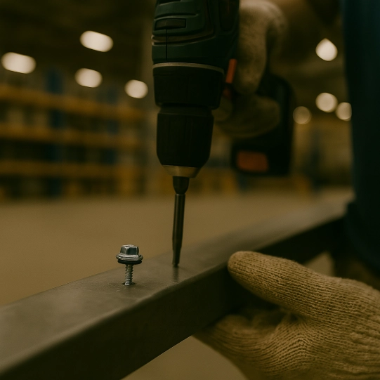 : Trabalhador com luvas instalando parafuso autobrocante