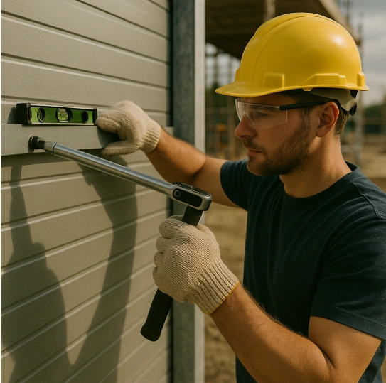 Profissional com capacete e luvas usando nível de bolha e chave de torque para fixar painel metálico em canteiro de obras