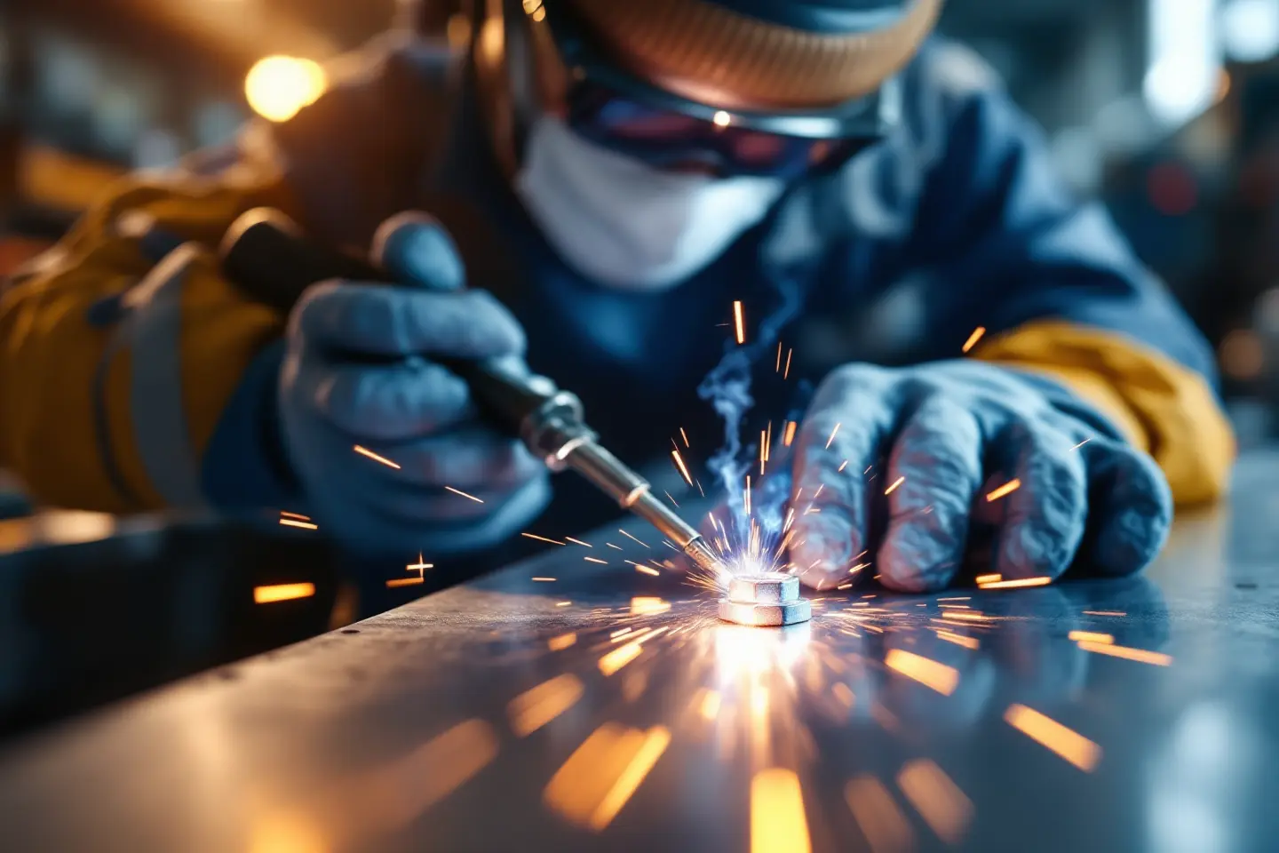 Soldador aplicando porca de solda em chapa metálica, com faíscas e proteção completa de segurança