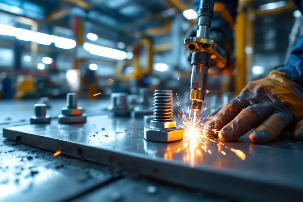 Processo industrial de fixação com porca de solda e parafuso, mostrando detalhes da soldagem em ambiente fabril