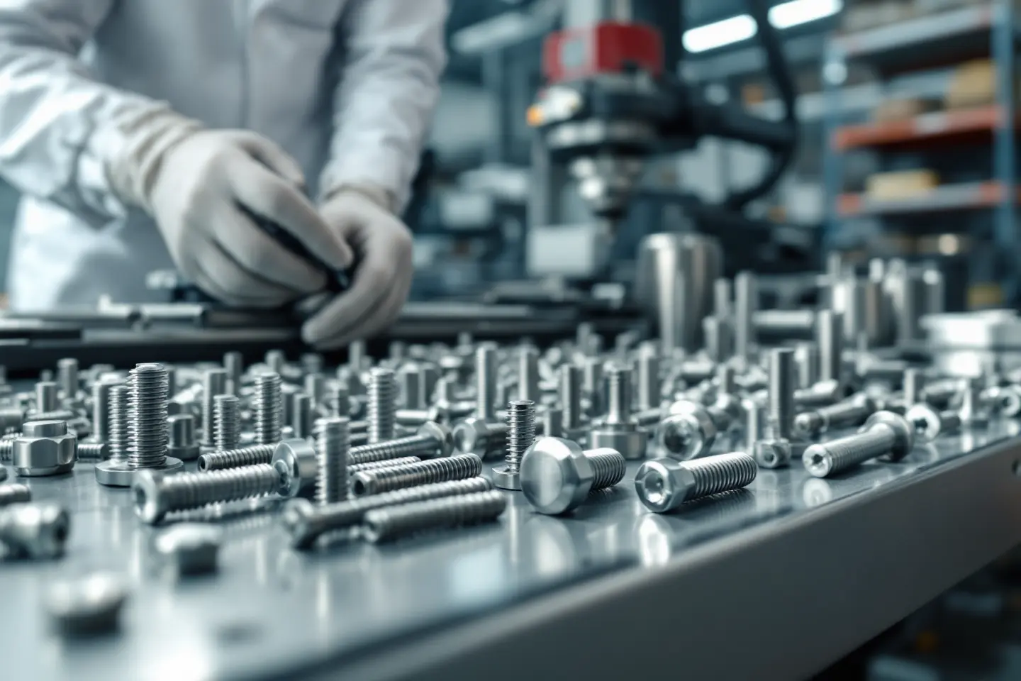 Parafusos de aço inox alinhados sobre bancada metálica em ambiente industrial, com profissional realizando inspeção