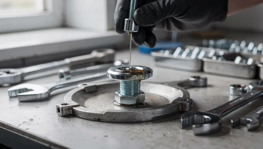 Aplicação de lubrificante em fixador para reduzir o atrito e melhorar o torque na montagem industrial