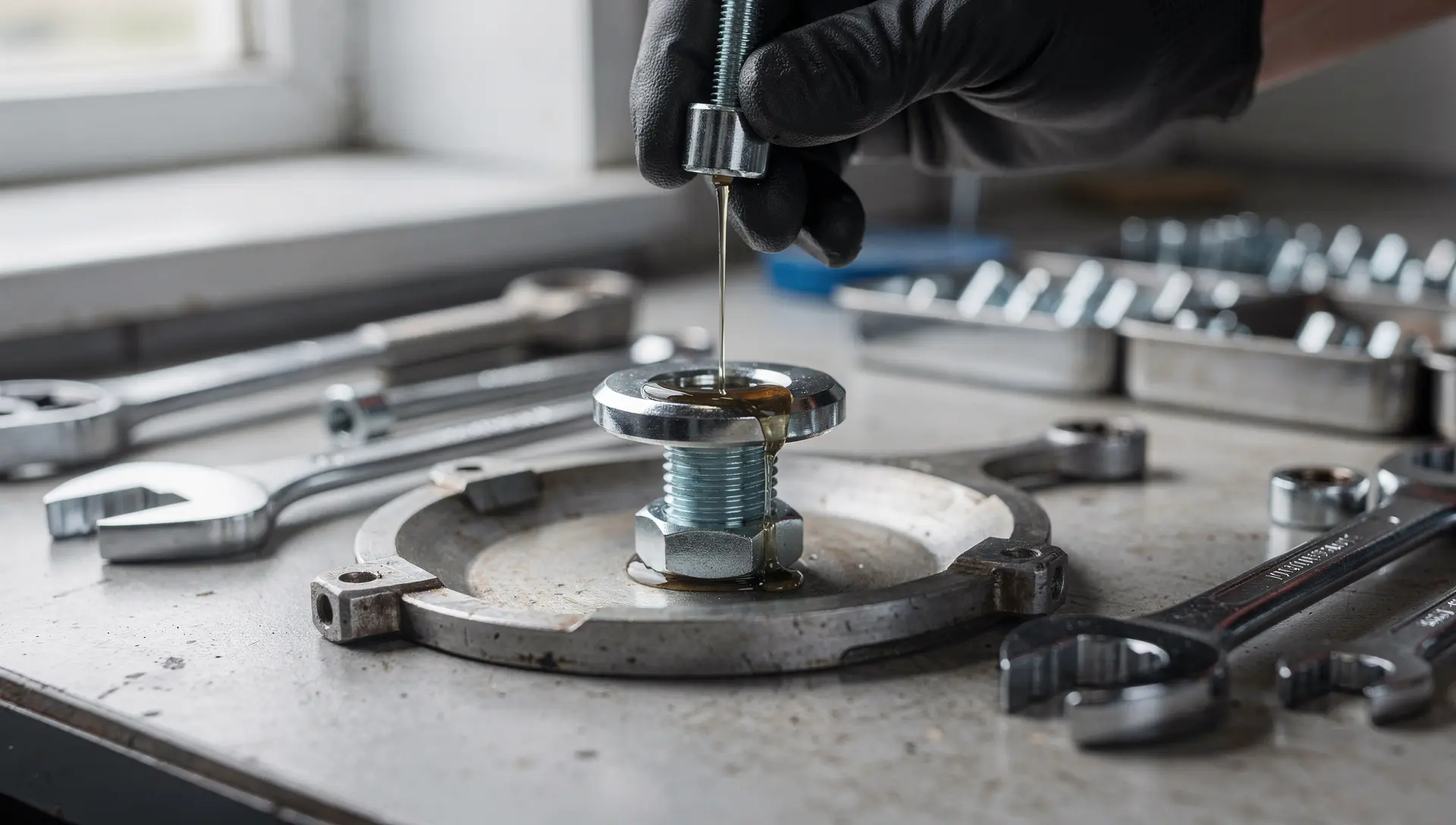 Aplicação de lubrificante em fixador para reduzir o atrito e melhorar o torque na montagem industrial