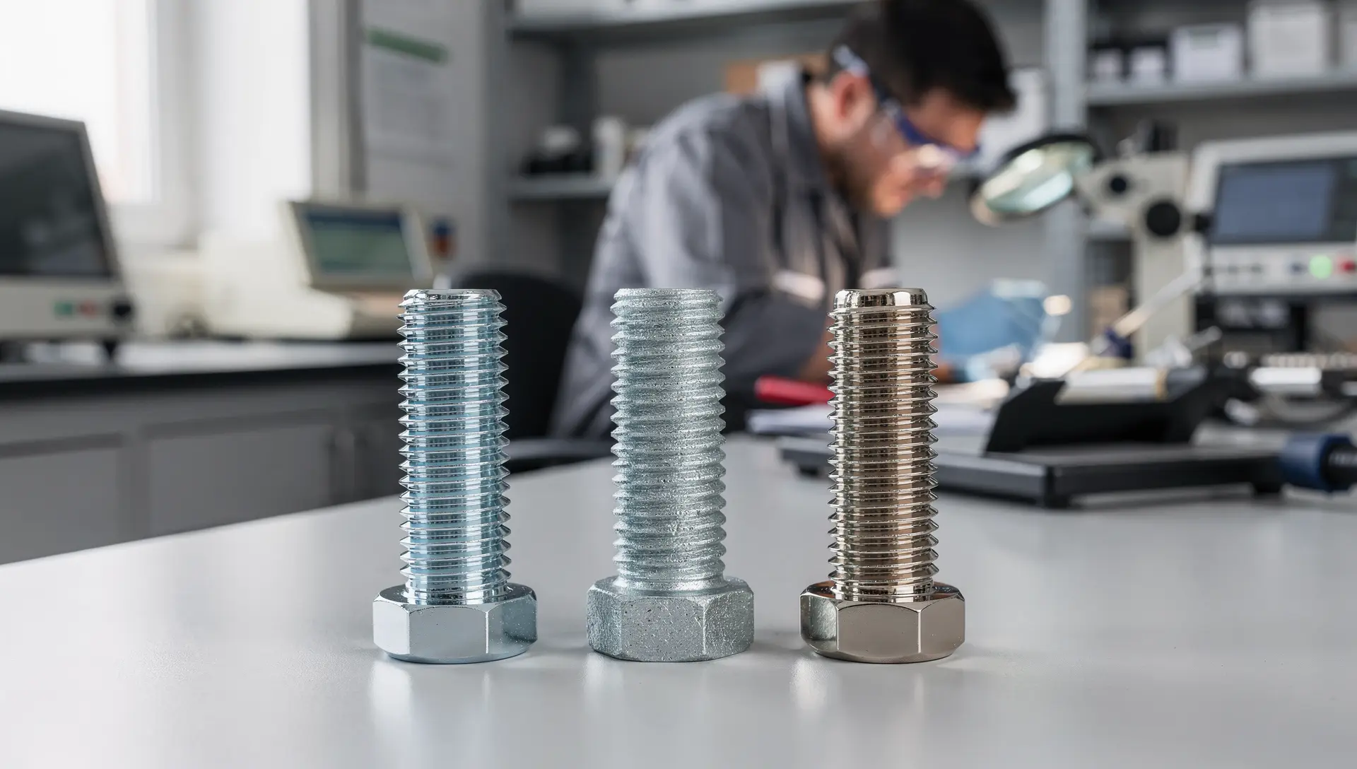 Parafusos com diferentes revestimentos sendo analisados em laboratório para avaliação de desempenho