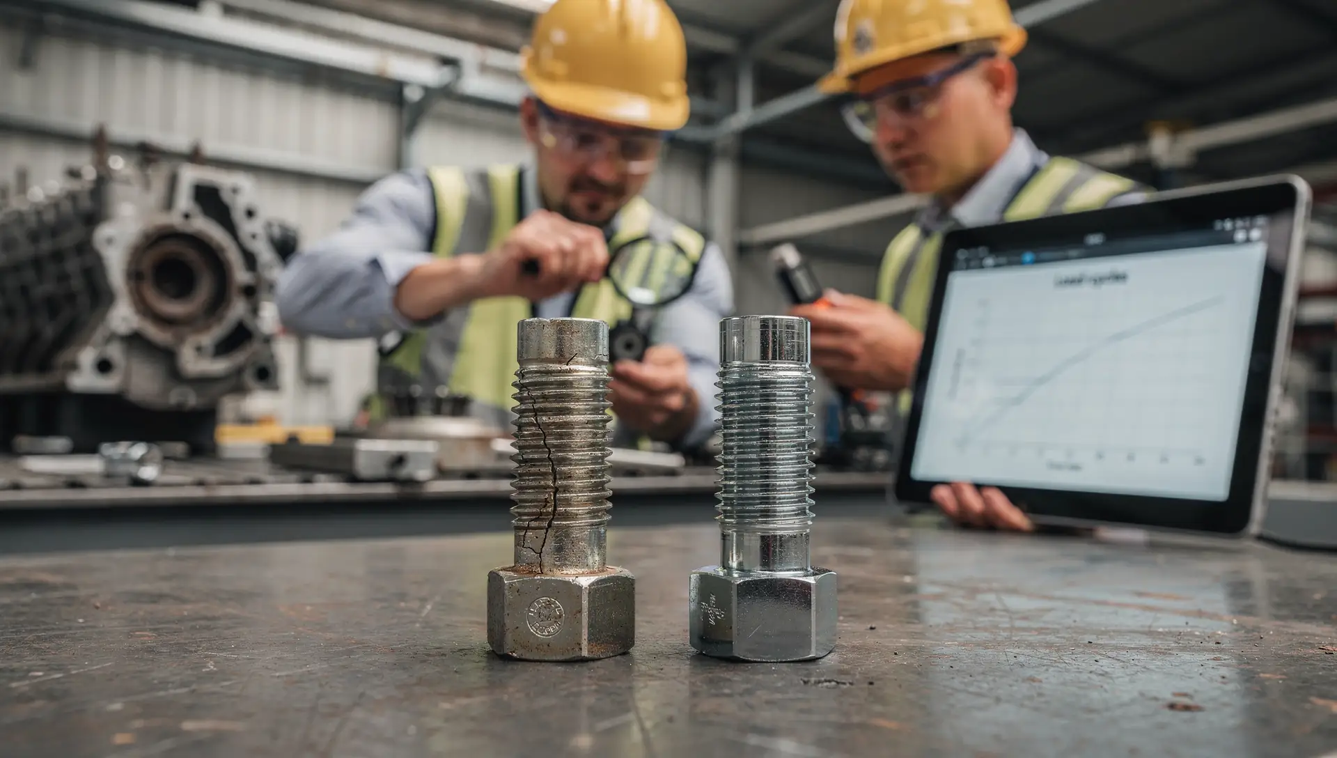 Dois fixadores: um trincado por fadiga, outro íntegro; técnicos ao fundo analisando peças e dados em tablet.