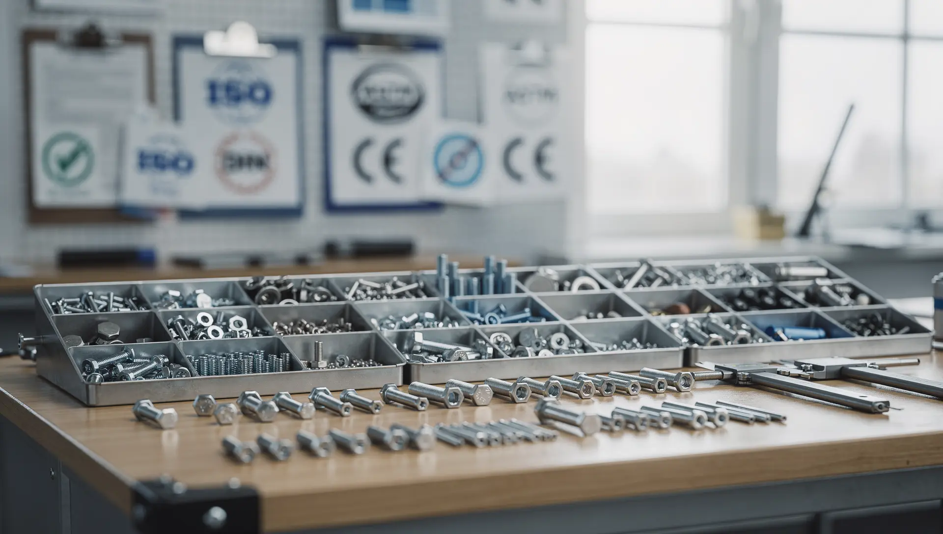 Fixadores industriais organizados com certificações ISO, DIN e ASTM exibidas ao fundo em ambiente de inspeção técnica.