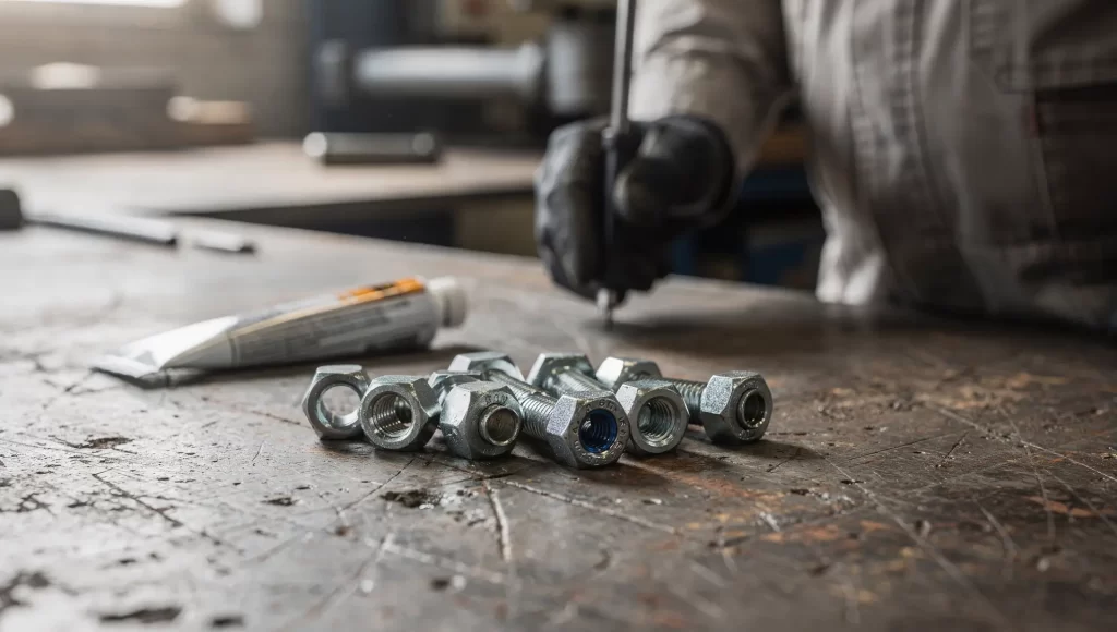 Porcas e fixadores preparados para montagem com aplicação de lubrificante para evitar travamentos