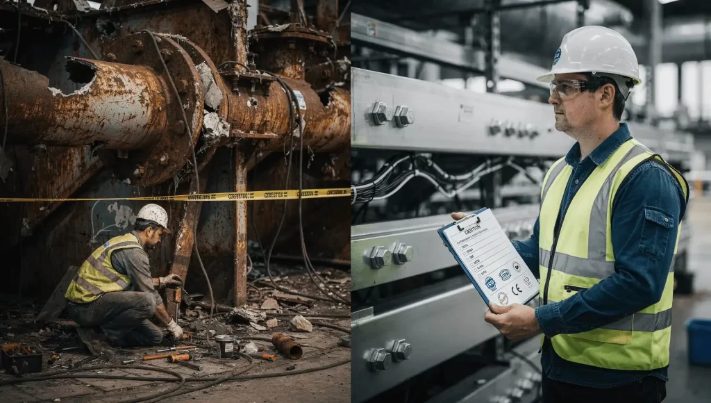 Técnico inspecionando equipamentos industriais e verificando conformidade com normas ISO, ASTM e DIN.