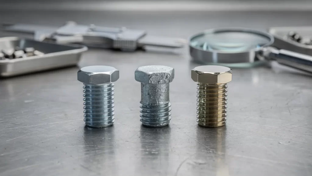 Comparação de parafusos com revestimentos zincado, galvanizado e niquelado em bancada de inspeção técnica