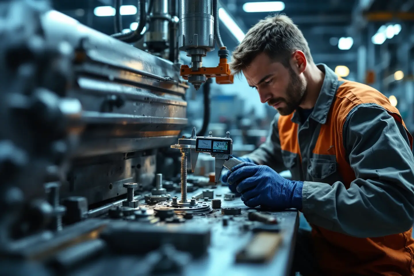 Engenheiro com capacete inspecionando tubulações e conexões industriais.