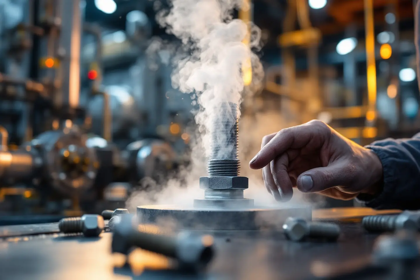 Parafuso liberando vapor em ambiente industrial com mão ajustando o fixador