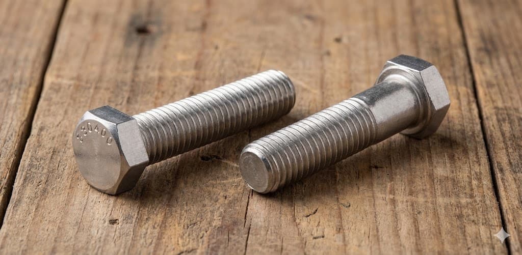 Parafusos de rosca inteira e parcial posicionados sobre bancada metálica