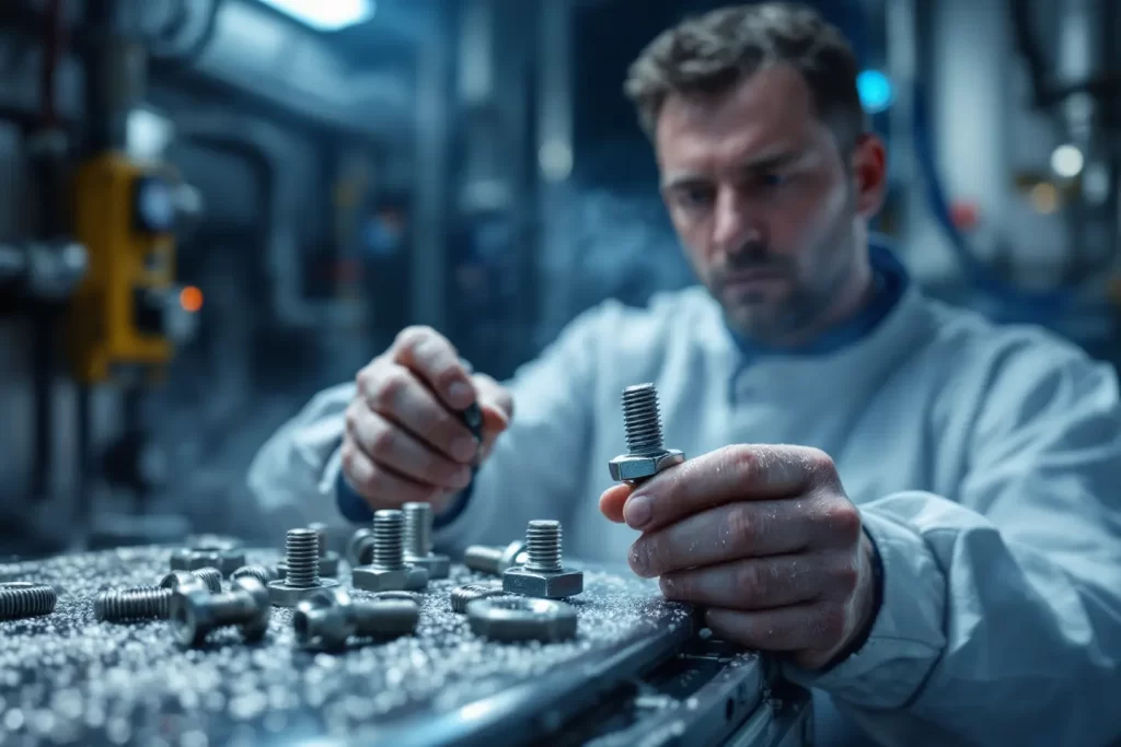 Técnico inspecionando parafusos metálicos em ambiente industrial refrigerado