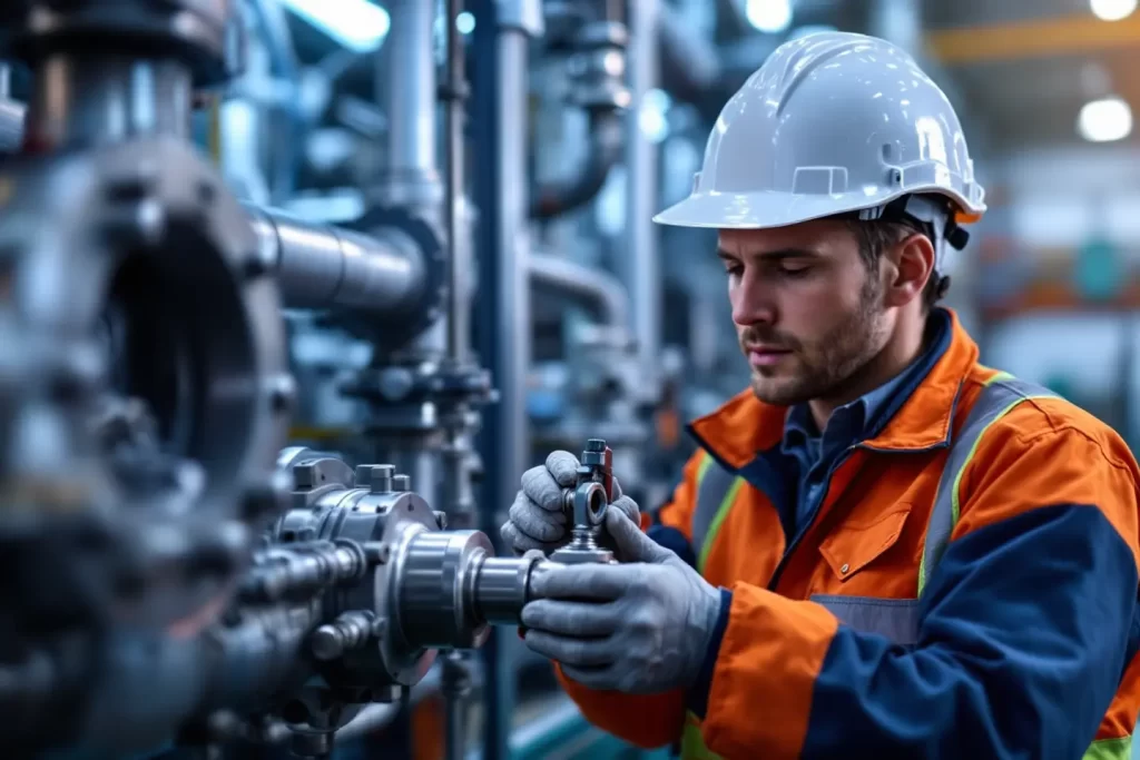 Técnico usando paquímetro para medir componente metálico em máquina industrial