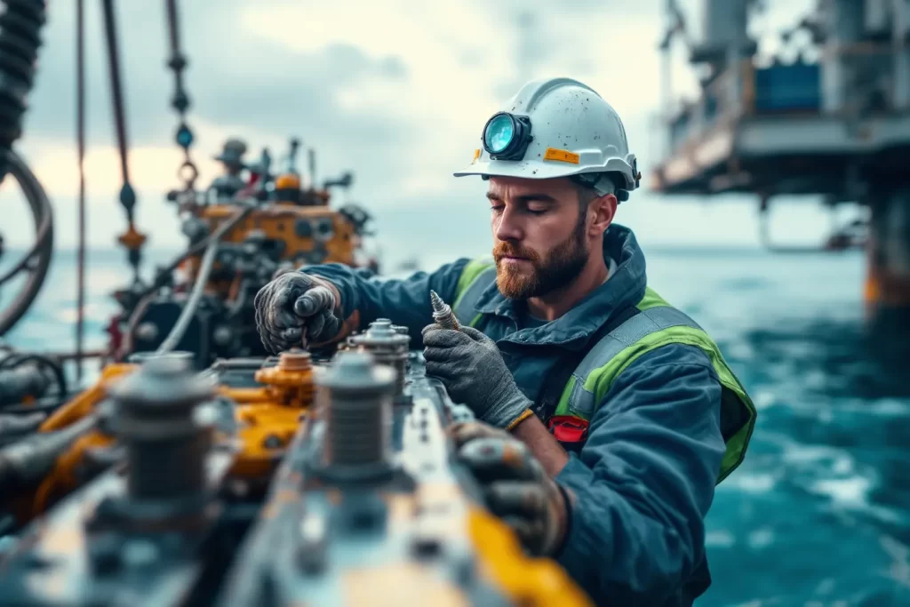Profissional inspecionando fixadores de inox em plataforma offshore sobre o mar