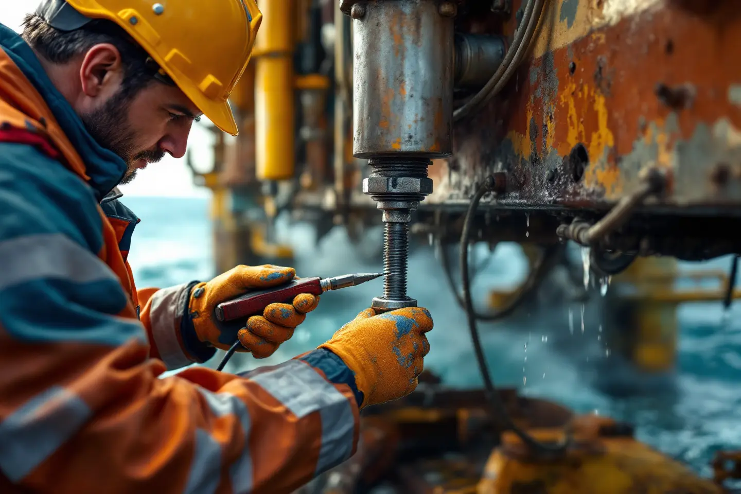 Técnico ajustando fixador de inox em estrutura metálica exposta ao ambiente marítimo