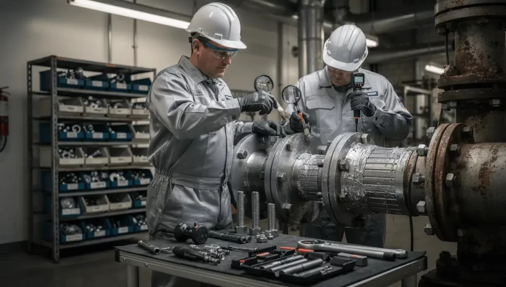 Parafusos e Fixadores especiais em tubulações industriais inspecionados por técnicos em ambiente químico corrosivo