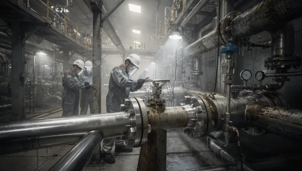 Parafusos e Fixadores especiais sendo ajustados por técnicos em tubulação industrial química.