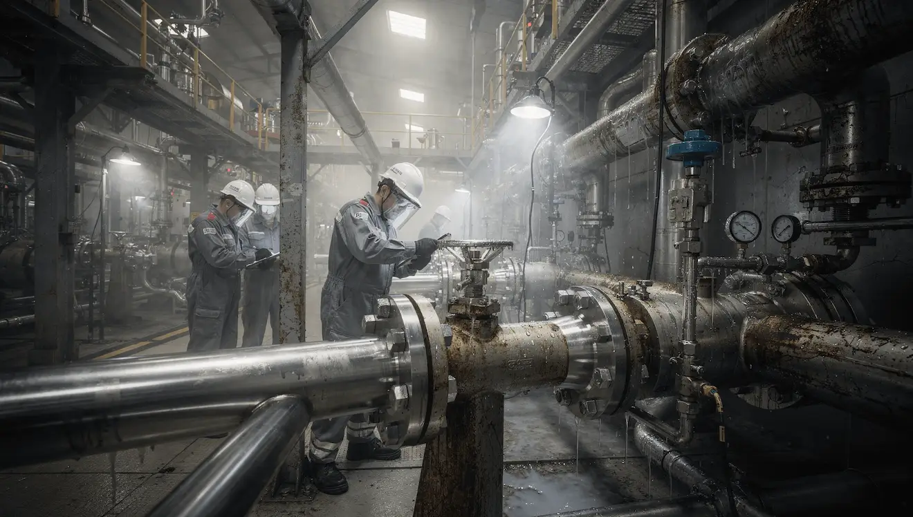 Parafusos e Fixadores especiais sendo ajustados por técnicos em tubulação industrial química.