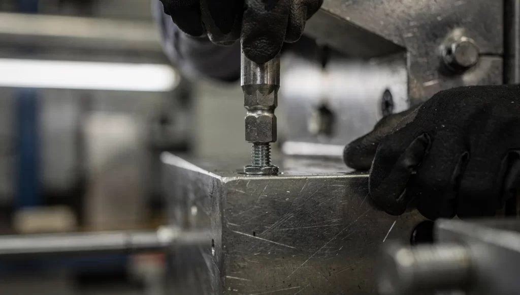 Técnico aplicando torque em parafuso inox com ferramenta adequada para montagem industrial.