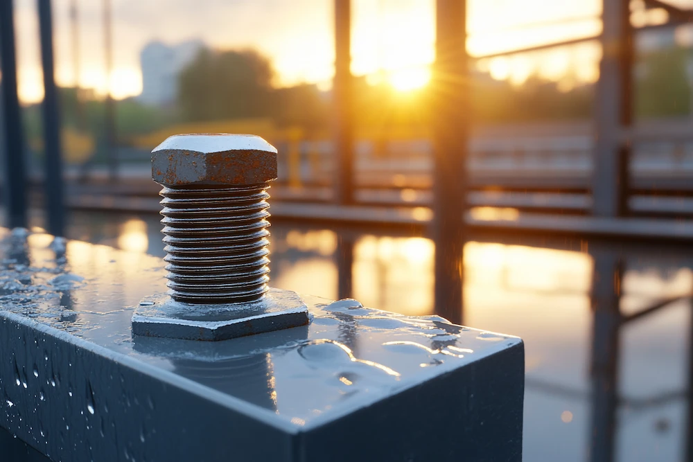 Parafuso estrutural fixado em viga metálica exposta à umidade em ambiente externo