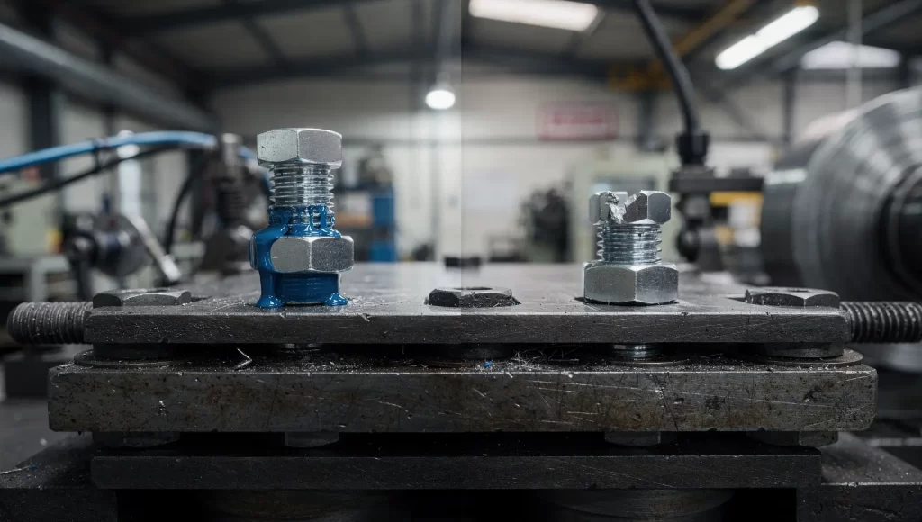 Comparação de fixação: à esquerda, porca com trava química (adesivo azul); à direita, porca com travamento mecânico.