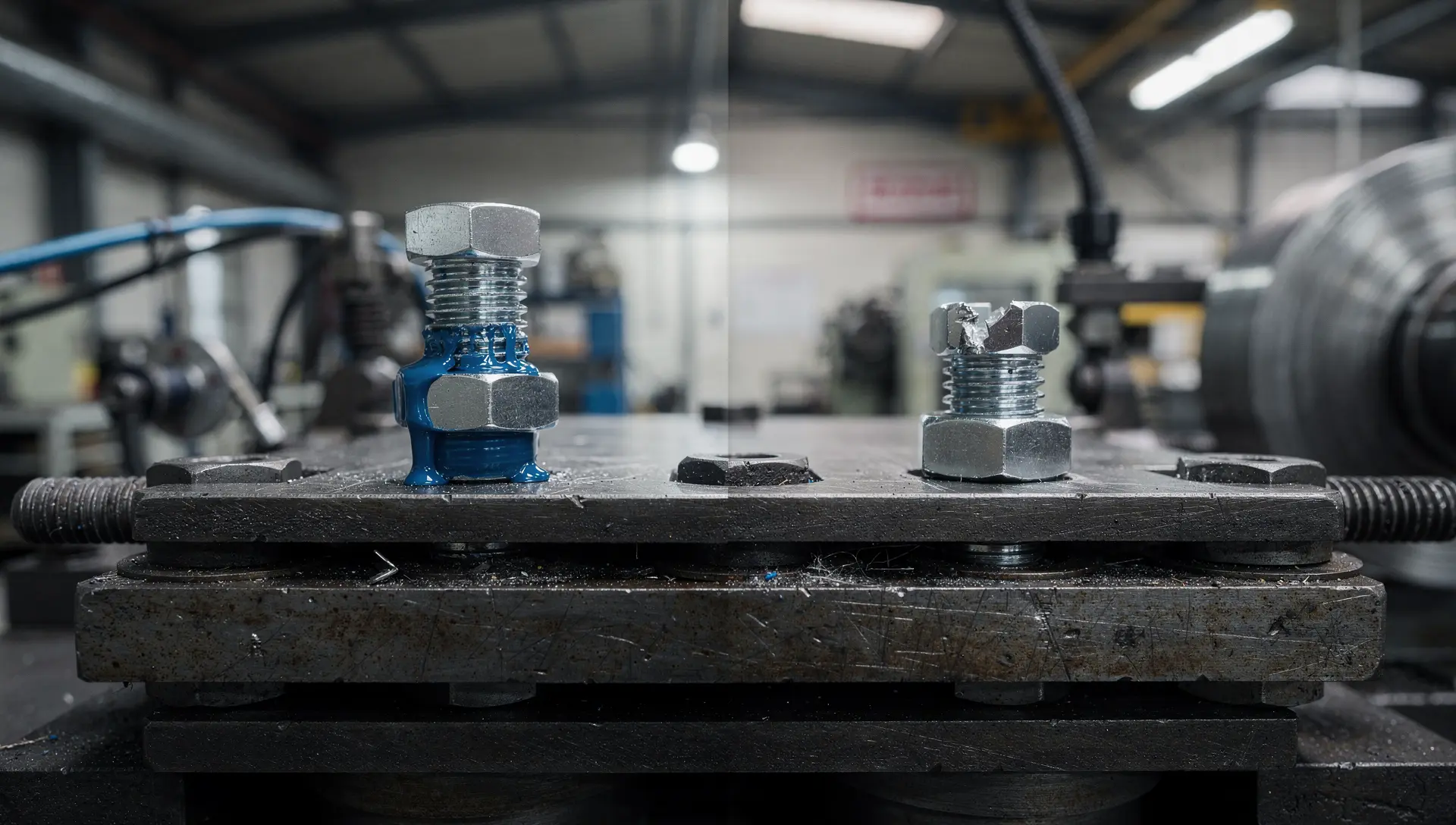 Comparação de fixação: à esquerda, porca com trava química (adesivo azul); à direita, porca com travamento mecânico.