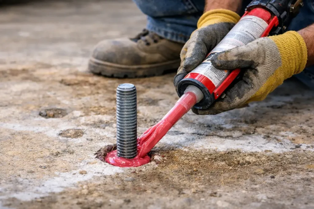 aplicação de chumbador químico em concreto com barra roscada