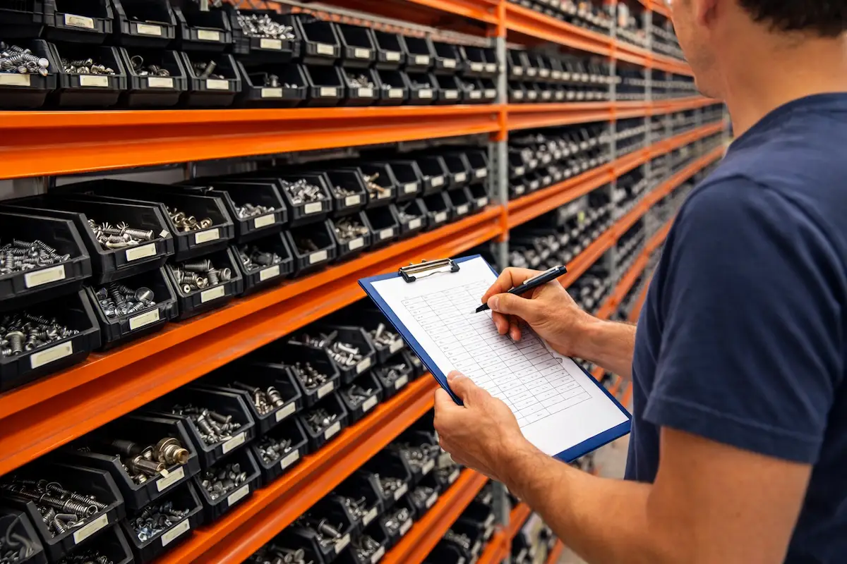 funcionário conferindo estoque de parafusos e fixadores em prateleiras industriais