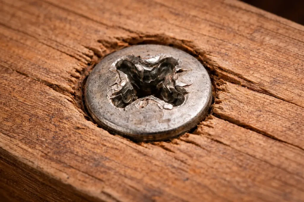 Parafuso espanado preso em madeira com cabeça danificada.