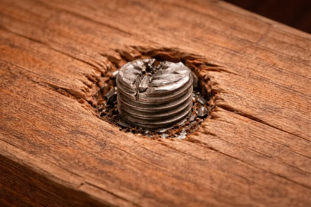 Parafuso quebrado preso em madeira com rosca exposta