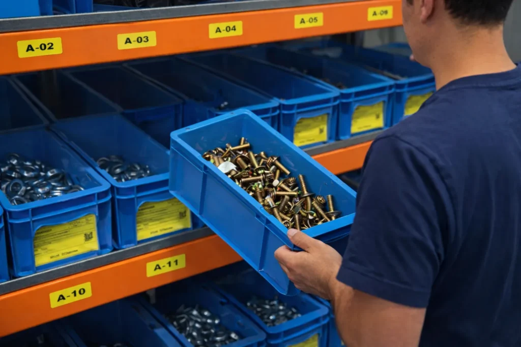 funcionário organizando caixa com parafusos e fixadores em estoque