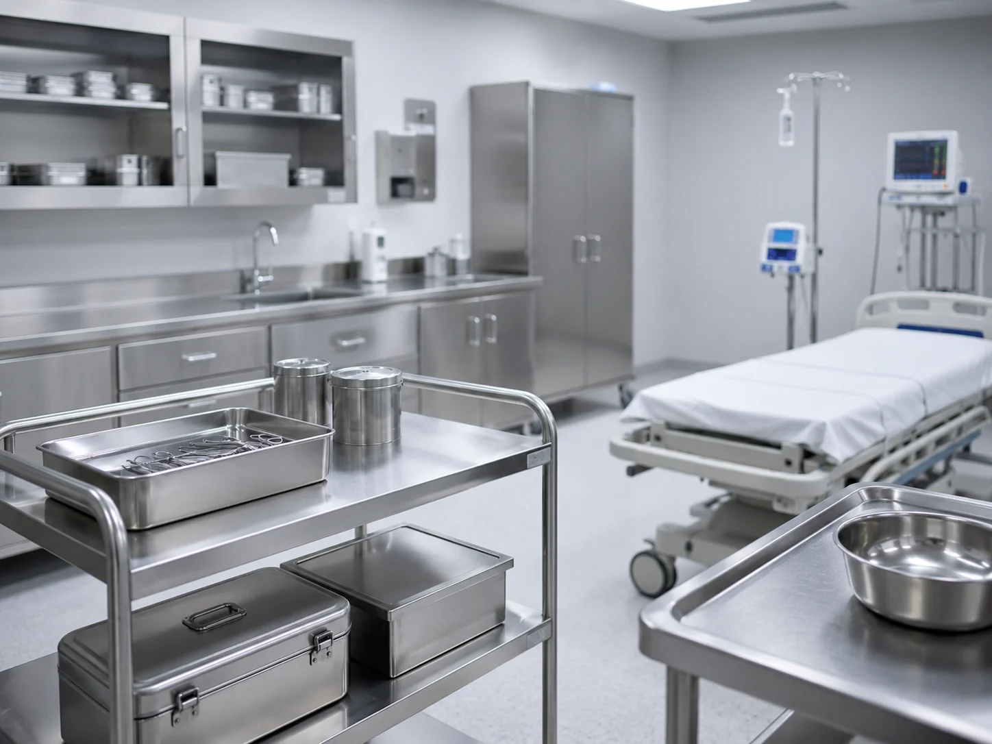 Bancadas, carrinhos e utensílios de aço inox em sala hospitalar moderna