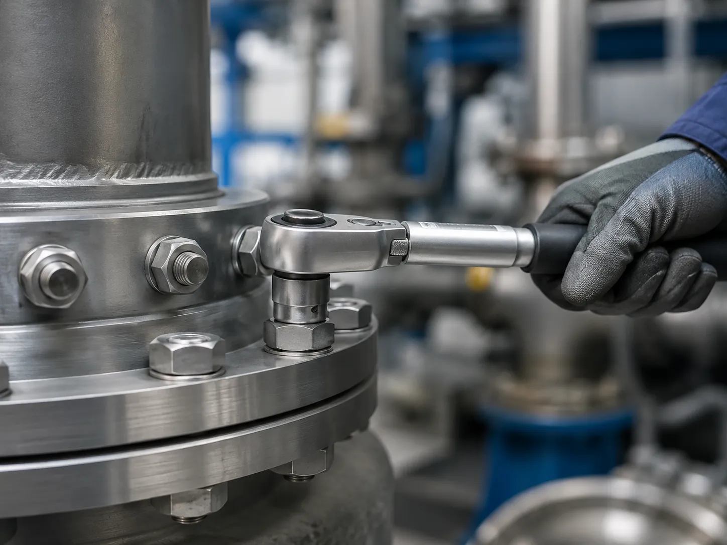 Torque de parafuso aplicado com torquímetro em montagem industrial.