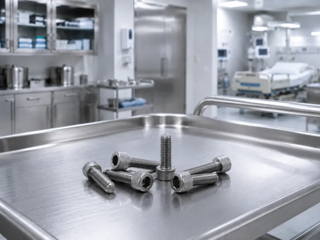 Pequenos parafusos de aço inox sobre bandeja hospitalar em sala clínica limpa. 