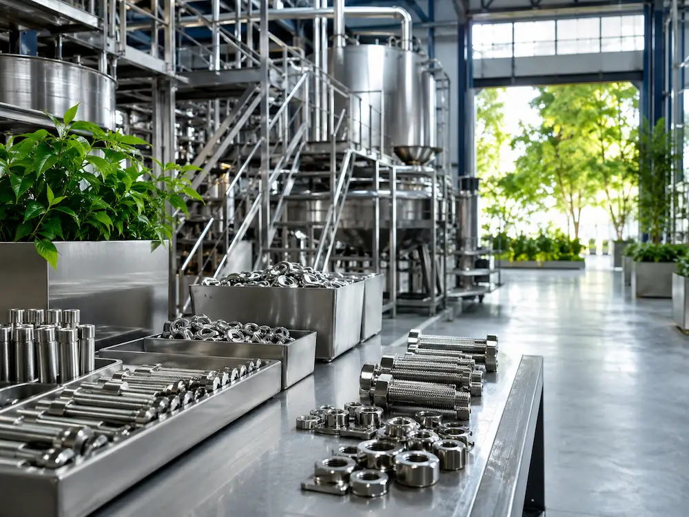 Armazém cheio de produtos em aço inox com árvores do lado de fora, representando a sustentabilidade do aço inox.