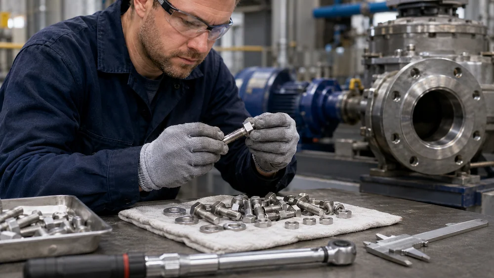 Técnico inspecionando parafusos e porcas inox em bancada industrial.