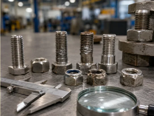 Comparação de parafusos e porcas inox novos e desgastados durante inspeção técnica em ambiente industrial.