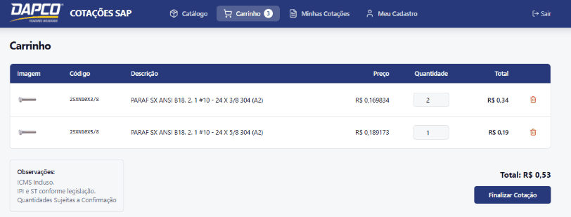Página de finalização da cotação no site da DAPCO com alguns parafusos listados.