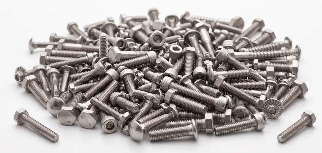 Vários parafusos de inox esparramados por uma superfície branca.